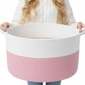 ShellKingdom Laundry Basket, Large Natural Rope Woven Storage Basket with Handles for Home, Living Room, Laundry, Storage Organizer for Blankets, Clothes, Toys, 13.78 x 21.65 INCH (2-Toned White Pink)