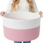 ShellKingdom Laundry Basket, Large Natural Rope Woven Storage Basket with Handles for Home, Living Room, Laundry, Storage Organizer for Blankets, Clothes, Toys, 13.78 x 21.65 INCH (2-Toned White Pink)