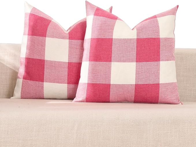 CARRIE HOME Pink Buffalo Plaid Couch Pillow Covers 18x18 Set of 2 Outdoor Hot Pink Decorative Farmhouse Checkered Linen Throw Pillow Covers 18 x 18 for Bed Room Couch Patio and Yard