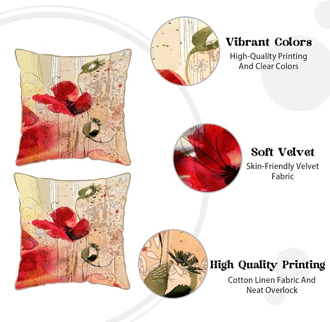 KSLIDS Red Poppy Flower Soft Velvet Throw Pillow Covers Set of 2 Watercolor Art Flower Decorative Pillow Covers 18x18 Inch Retro Beige Pillow Case for Sofa Couch Living Room Farmhouse Home Decor