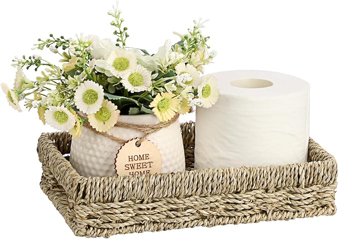 Bathroom Vanity Tray, Seagrass Narrow Counter Tray with Handles, Decorative Woven Organizer Trays for Toilet Tank, Shelves, Farmhouse Hand Towels Basket Holder for Storage, Natural (Small)