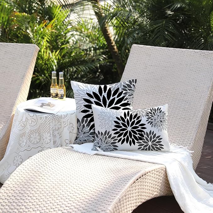 DFXSZ Black Grey Flower Pillow Covers 12x20 Inch Set of 2 White Gray Colored Throw Pillows Outdoor Waterproof Decor for Living Room Sofa Patio Funiture Garden Floral Polyester Pillow Covers 002I12