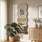 WallBeyond 24"x65" Full Length Wood Arched Mirror, Natural Wood Boho Accent Mirror with Wavy Design, Decorative Floor or Wall Mounted Mirror for Bedroom