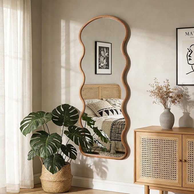 WallBeyond 24"x65" Full Length Wood Arched Mirror, Natural Wood Boho Accent Mirror with Wavy Design, Decorative Floor or Wall Mounted Mirror for Bedroom