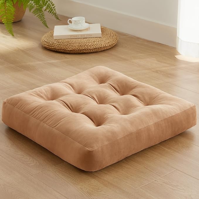 Meditation Floor Pillow Set of 1, Square Large Pillows Seating for Adults, Meditation Cushion Pillow,Tufted Corduroy Cushion for Tatami Living Room or Yoga, Coffee, 22x22 Inch