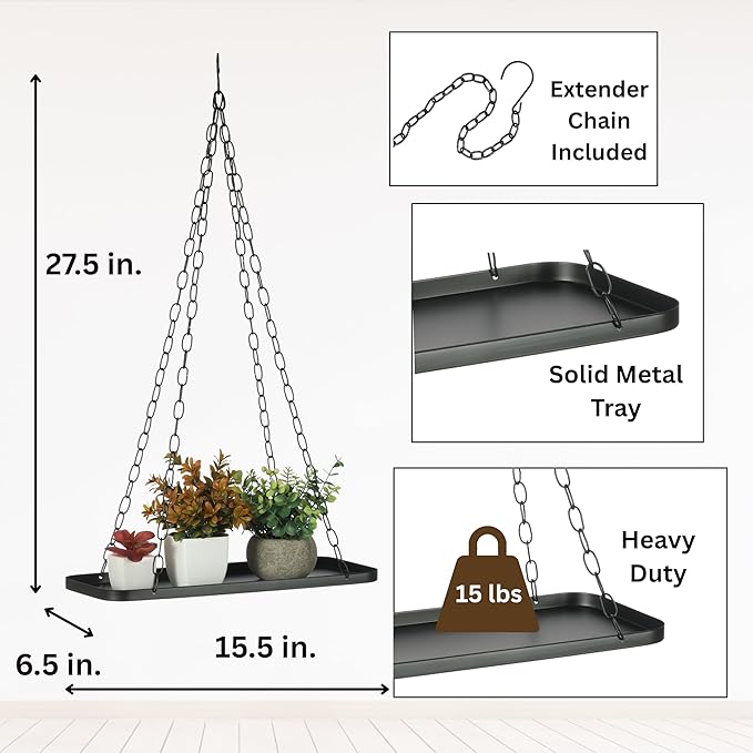 Shinehola Hanging Planters for Indoor Outdoor Plants (Length - 15.5"), Plant Hanger Indoor | Large Metal Hanging Plant Holder, Hanging Planter Shelf, No Plant/Pot Included (Black, 1-Tier)