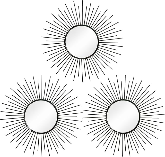 3 Pack Metal Mirrors for Wall Sunburst Wall Mirrors Home Décor Decorative Hanging Wall Art for Living Room Bedroom Entryway (Black2, Sunburst)