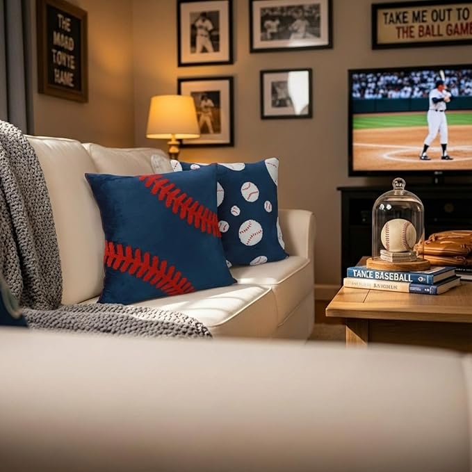 Breling Set of 2 Embroidered Baseball Velvet Pillow Cover 18x18 Inch Decorative Baseball Pillow Covers Cushion Case Sports Lover Gifts for Boys Room Decor Sofa Couch Bed Car