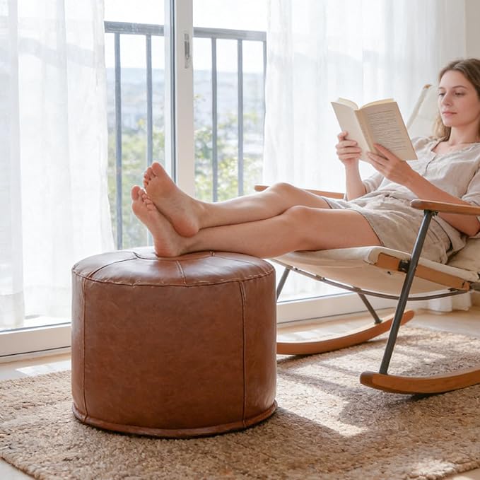 Unstuffed Ottoman Pouf Cover 20 X 15 Inch, Round Pu Leather Foot Stool, Floor Bean Bag(No Filler), Foot Rest with Storage for Living Room/Bedroom/Office, Brown