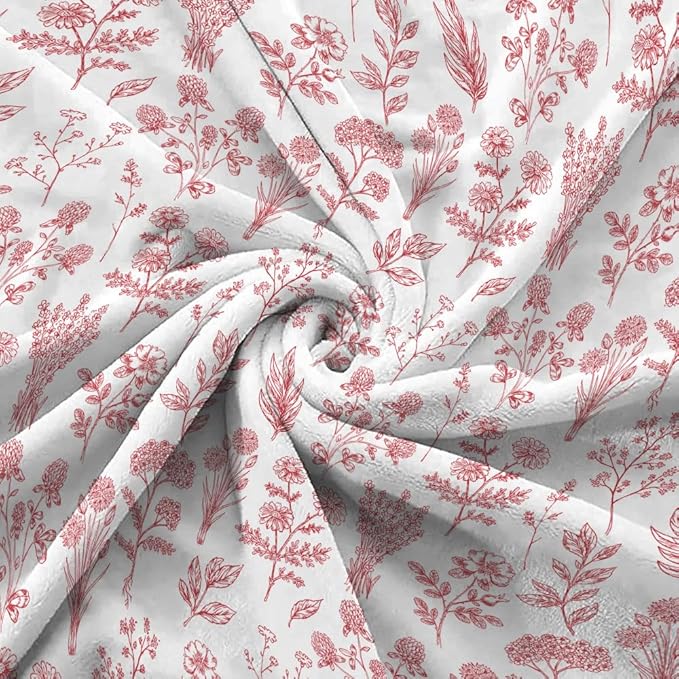 Floral Fuzzy Blanket Red Floral Throw Blanket, Botanical Flowers Blankets, Soft, Flannel, Warm, Boho Flowers Bed Blankets All Season for Couch Bedroom Living Room 60X90 Inch