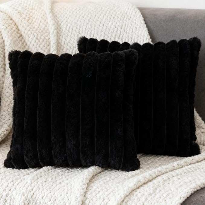 2 Pack 22x22 Double-Sided Faux Fur Pillow Covers, Plush Throw Pillow Covers for Living Room Decorations Throw Pillow Case, Throw Pillow Cover Cushion Cover for Home Sofa Car, Black