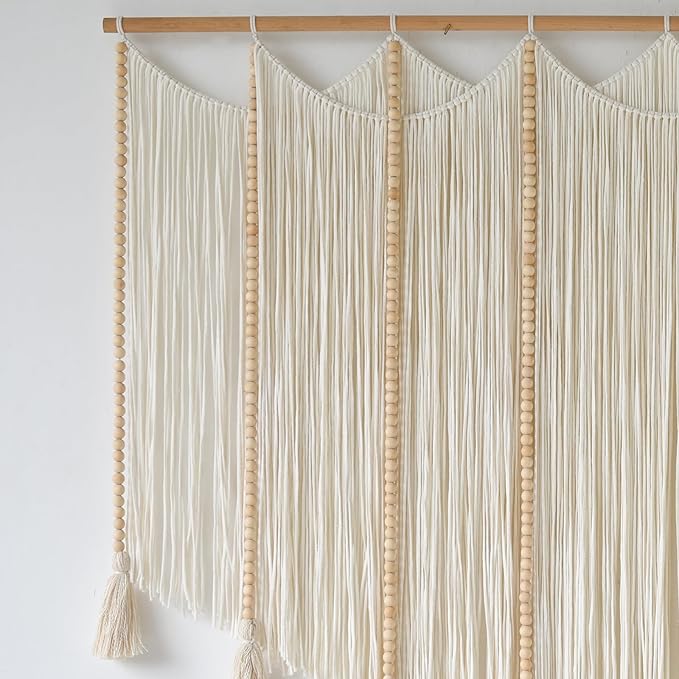 Jakalin Macrame Wall Hanging White Beads Boho Wall Decor for Living Room Bedroom or Nursery Texture Yarn Wall Art 57" W × 43" L