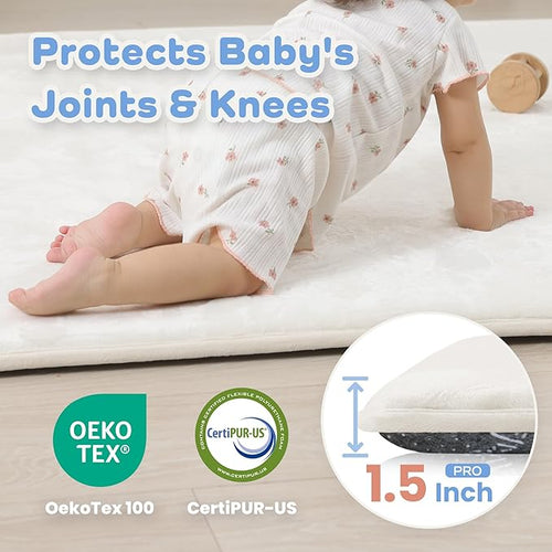 1.5" Thick Baby Play Mat for Floor, 39x59 Playpen Mat, Pro Soft Flannel Foam Mats Toddler Infant Kids Crawling for Nursery Rug Playroom Living Room Waterproof Easy Care Non-Slip (Cream)