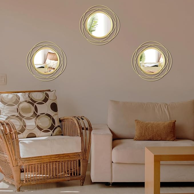 Cityelf 3 Set 13 Inch Gold Circle Mirrors Wall Decor Iron Frame Wire Mirror Metal Circular Mirror Home Decor Hanging Mirrors for Room/Bedroom/Bathroom/Entryway