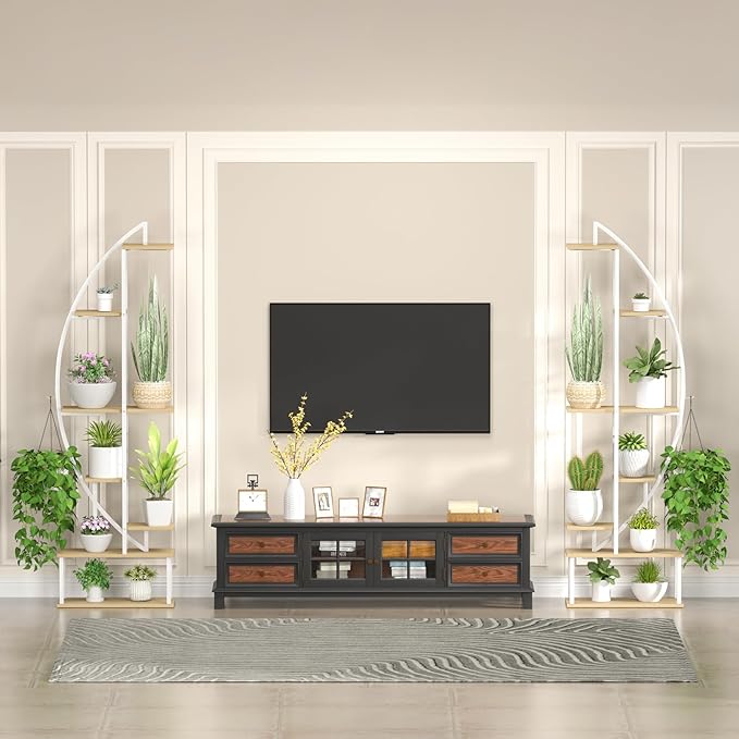 Plant Stand Shelf Rack Indoor with 6 Built in Grow Light, 7 Tiered 65" Tall White Large Lighted Half Moon Curved Plant Stand for Indoor Growing, 2 Pack Arch Sturdy High Herb Flower Shelving