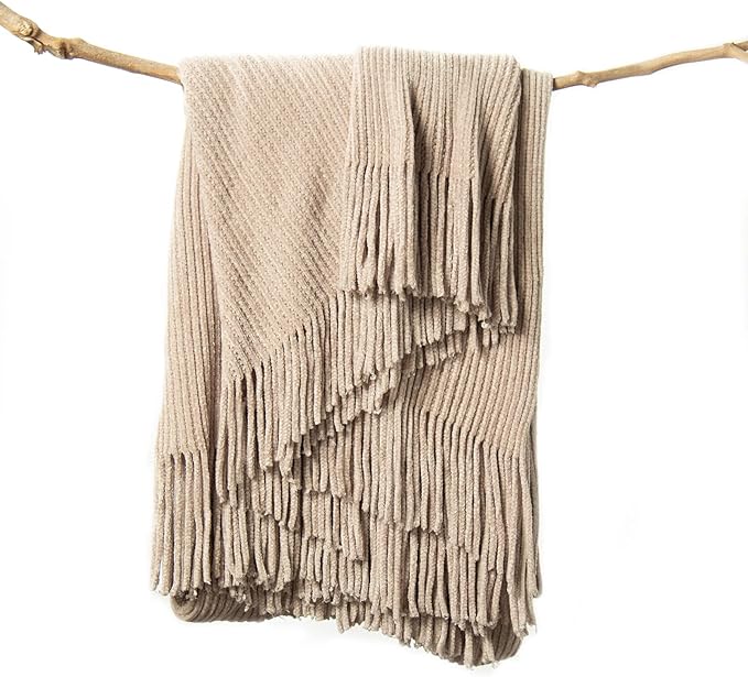 lifein Throw Blanket for Couch, Soft Boho Decor Bed Throw,Cozy Beige Knitted Chenille Small Farmhouse Lightweight Throw(Beige,50 * 60")