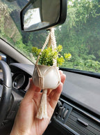 Dahey Mini Macrame Plant Car Accessories Rear View Mirrior Charm Cute Hanging Rearview Car Decor Boho Small Hanger with Artificial Succulent Plants for Plant Lover, 2 Pcs, 10.5 inch, White