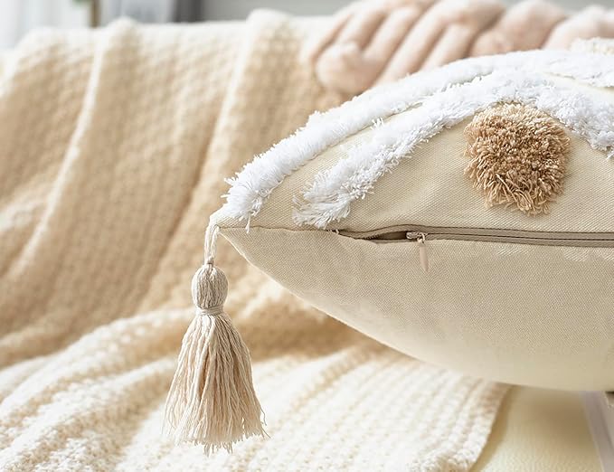 Modern Long Lumbar Throw Pillow Cover 16 x 24,Cotton and Linen Tufted Decorative Boho Long Lumbar Pillow Case for Couch Sofa Bed Farmhouse Chair Outdoor,Khaki&Beige&White