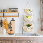 Windyun 4 Pcs Hanging Fruit Basket Teardrop Baskets Handmade Woven Cotton Rope 3 Tier over the Door Organizer Hanging Boho Wall Decor for Storage Kitchen(White)