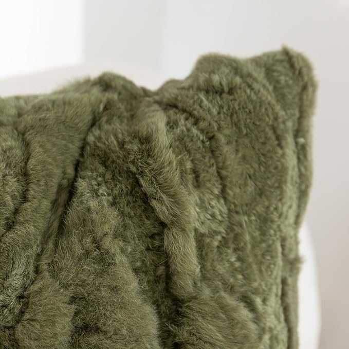 MOOX Rabbit Fur Throw Pillow Covers Decorative Fluffy Soft Fuzzy Plush Luxury Genuine Animal Skin Lumbar Pillow 12"x20" Cushion Cover, Sofa, Dark Green