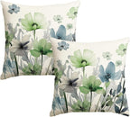 AVOIN colorlife Poppy Flowers Chinoiserie Throw Pillow Covers, 18 x 18 Inch Blue Sage Green Seasonal Leaves Cushion Case Decoration for Sofa Couch Set of 2