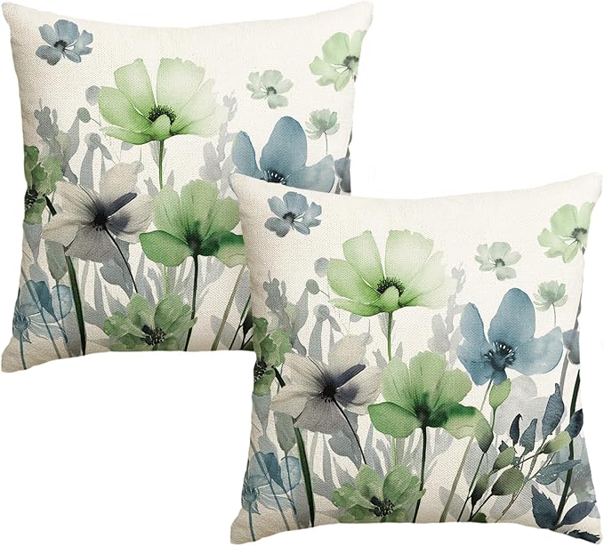 AVOIN colorlife Poppy Flowers Chinoiserie Throw Pillow Covers, 18 x 18 Inch Blue Sage Green Seasonal Leaves Cushion Case Decoration for Sofa Couch Set of 2