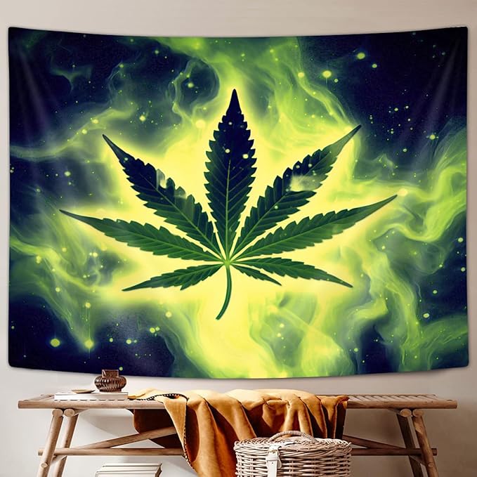 JAWO Weed Tapestry, Cool Green Marijuana Small Tapestry Wall Hanging for Mens Bedroom, Trippy Stoner Tapestries Flag Hippie Poster Beach Blanket College Dorm Home Decor (60W X 40H)