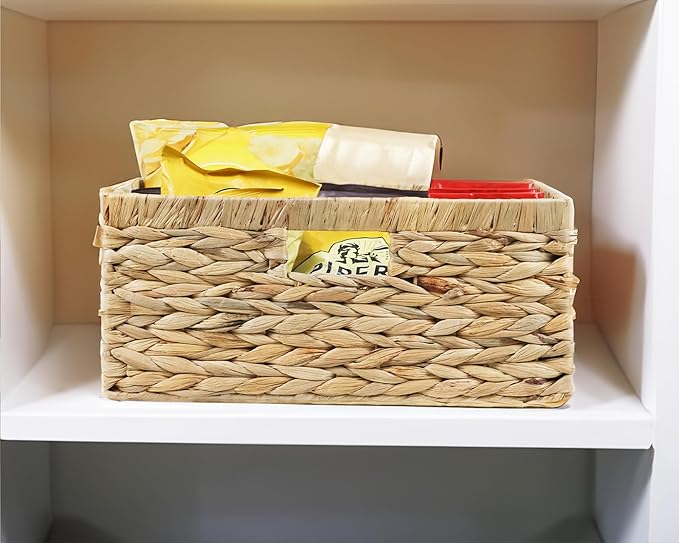 Large Wicker Basket, 15" Water Hyacinth Wicker Storage Baskets for Organizing, Rectangular Storage Baskets for Shelves, Rattan Woven Basket with Built-in Handles, 1 Pack (Natural, Large)
