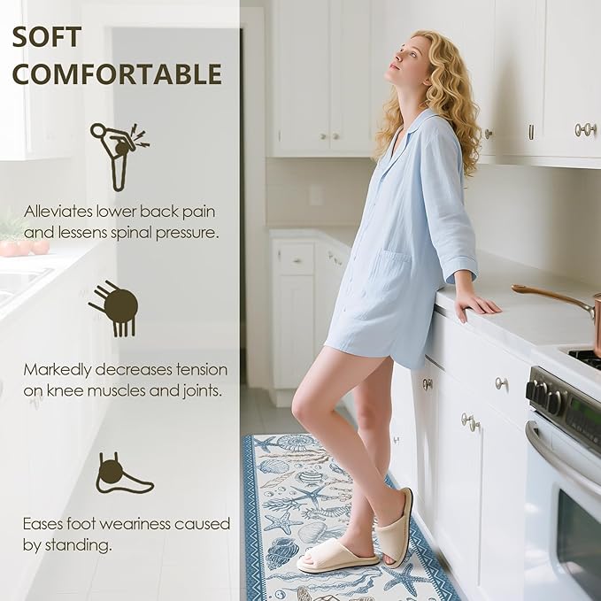 Coastal Rugs for Kitchen Floor, Beach Anti Fatigue Mats for Kitchen Floor Non Slip, 2PCS Rubber Ocean Coral Kitchen Mat, Washable Cushioned Runner Carpet for Sink Laundry 15.7"×27.5" +15.7"×47" 3.5mm