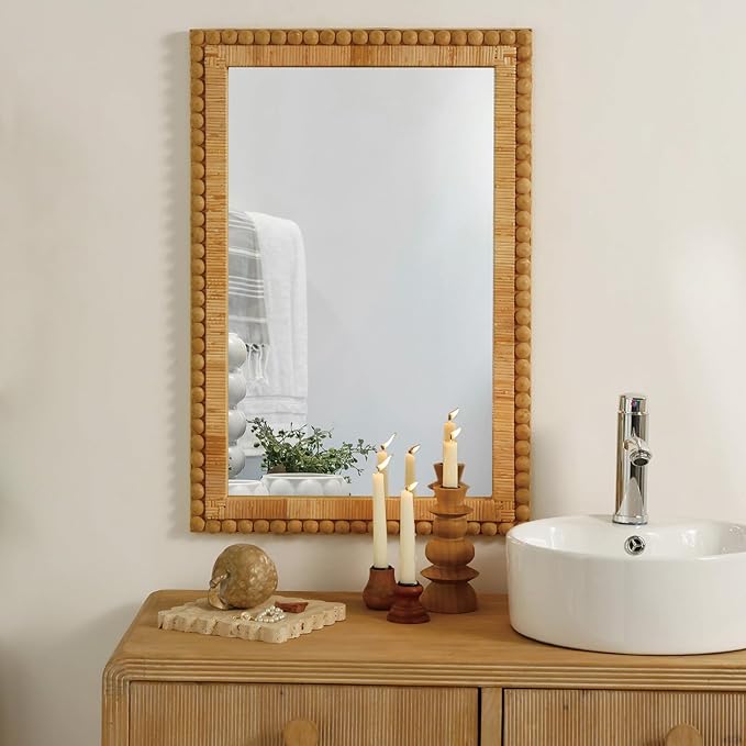 Rattan Wall Mirror - Boho Mirror Hanging Wicker Mirror for Bathroom Entryway Wall Decor, 20" x 30", Rectangle
