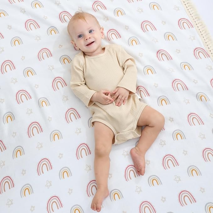 insular Cotton Muslin Baby Blanket with Tassel, Boho Bohemian Muslin Swaddle Blanket Baby Receiving Blanket with Fringe, Nursery Decor Throw or Nursing Blankets, 47" x40”, Rainbow