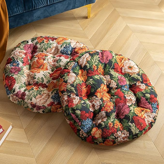 Round Bohemian Floor Pillow, Meditation Floor Seat Cushion, Large Soft Cotton Linen Pillows for Yoga Living Room Balcony Outdoor Tatami, 22x22 Inches (Green Round)