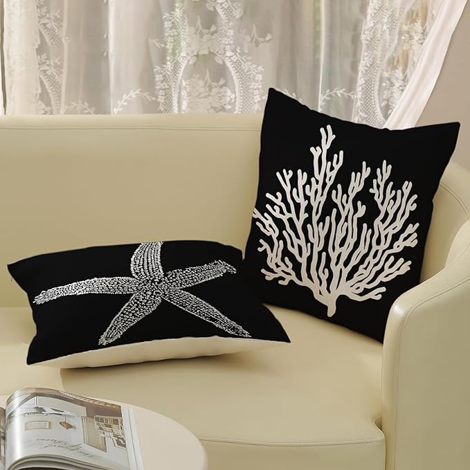 Coastal Pillow Covers 16x16 Set of 2 Black Starfish Throw Pillows Nautical Ocean Decorations Summer Beach Coral Pillowcase Outdoor Decor Linen Farmhouse Square Cushion Case for Sofa Bedroom