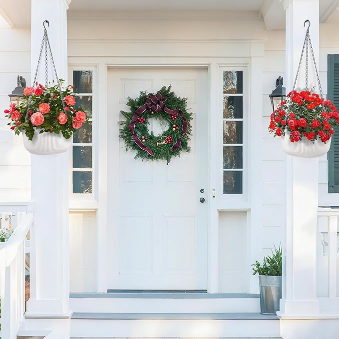 Set of 2 White Hanging Planters for Outdoor Indoor Plants, 10 Inch Self-Watering Hanging Plant Pots with Drainage Hole & Plug (Hooks)