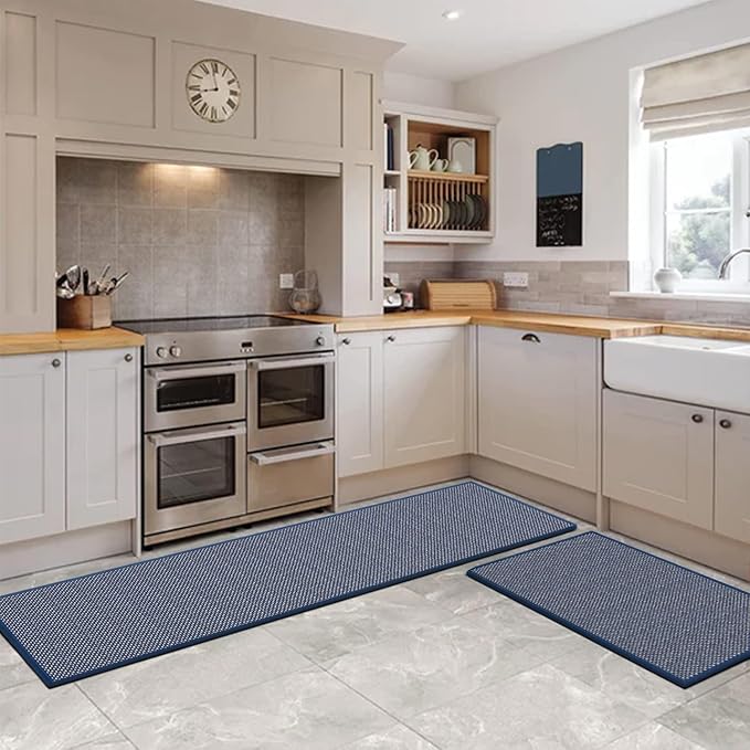 Artoid Mode Washable Non Slip Blue Kitchen Rugs and Mats Set of 2, Rubber Backing Absorbent Kitchen Mats for Floor Front of Sink - 17x29 and 17x47 Inch