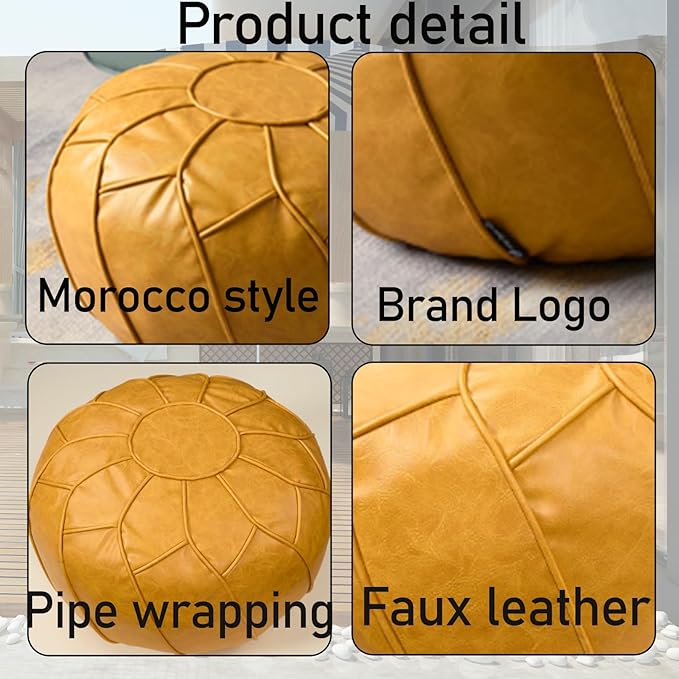Louis Donné Moroccan Pouf Cover Unstuffed Waterproof Faux Leather Ottoman Foot Rest, Round Storage Bean Bag Chair for Stuffed Animals, Boho Floor Cushion for Living Room Patio, (Yellow)