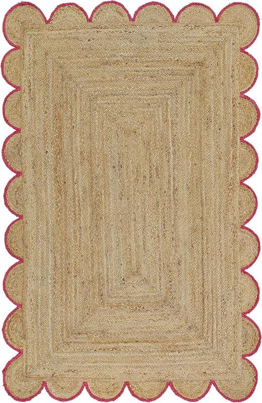 Weaving Cottage Scalloped Natural Jute Area Rug | Beige & Red, 2X3 FT Handwoven Jute Doormat | Eco-Friendly, Durable, and Stylish | Perfect for Living Room, Bedroom, and Entryway