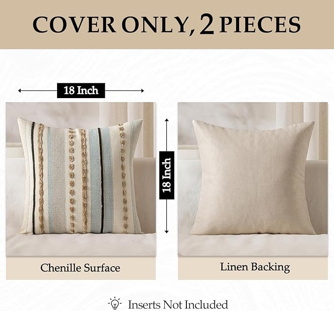 ANRODUO Pack of 2 Boho Decorative Throw Pillow Covers 22x22 Farmhouse Cushion Case Striped Chenille Pillow Cases Square Pillow Covers Accent Neutral Pillowcase for Sofa Couch Bed, Light Blue Stripe