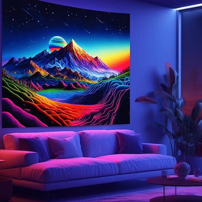 Apdidl Blacklight Posters Space Mountain Tapestry for Bedroom, UV Reactive Sun Nature Forest Tapestries Wall Hanging, Colorful Starry Sky Sunrise Tapestry Aesthetic for Living Room Dorm (51" X 60")