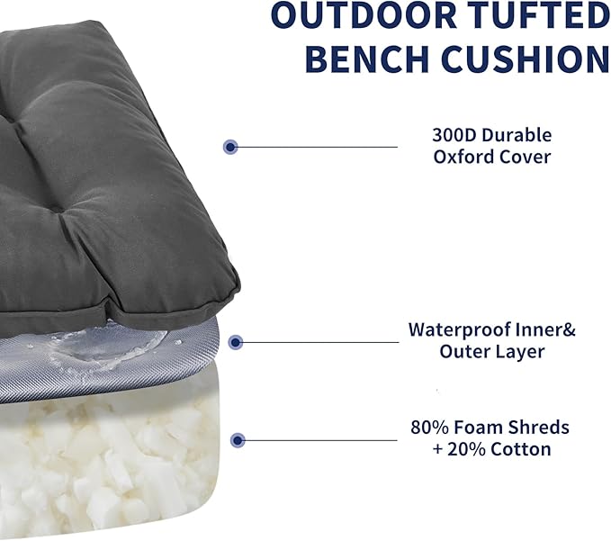 Outdoor Bench Cushion, 59x18x5 Inch, Waterproof Bench Cushion for Outdoor/Indoor Furniture, Tufted Patio Bench Seat Cushion, Fade Resistant Outdoor Cushions for Porch Swing Couch, Dark Grey