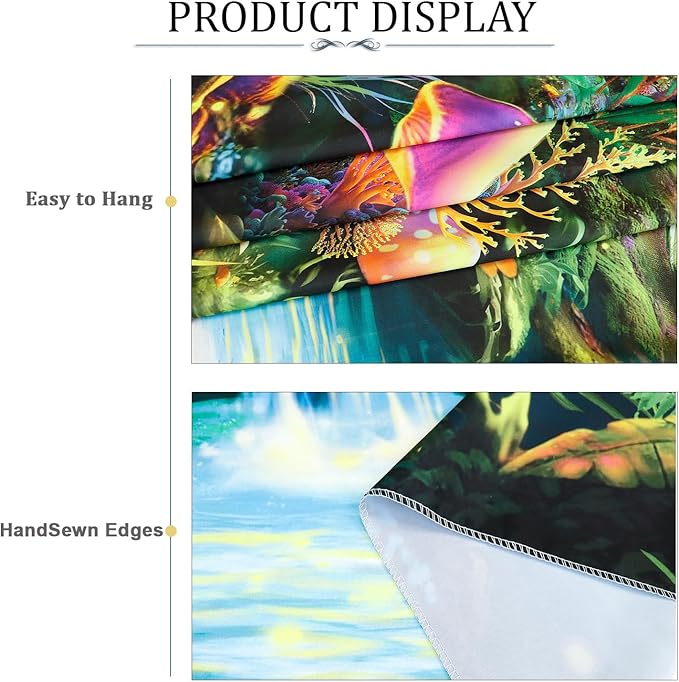 Heopapin Blacklight Tapestry Fantasy Moonlight Mountain Forest Landscape Tapestry UV Reactive Trippy Mushroom Flower Tapestries Mysterious Jungle Neon Plants Wall Hanging for Room L92×W70