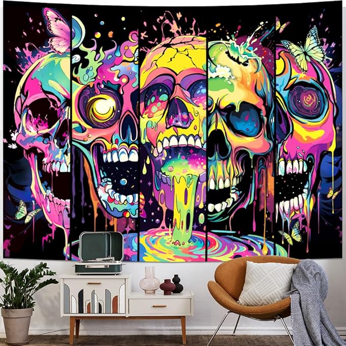 Heopapin Blacklight Skull Art Tapestry UV Reactive Neon Skeleton Butterfly Tapestries Trippy Blacklight Horror Face Tapestry Halloween Aesthetic Wall Decor Tapestries for Home W92×H70