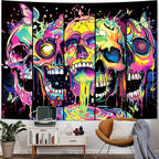 Heopapin Blacklight Skull Art Tapestry UV Reactive Neon Skeleton Butterfly Tapestries Trippy Blacklight Horror Face Tapestry Halloween Aesthetic Wall Decor Tapestries for Home W59×H51