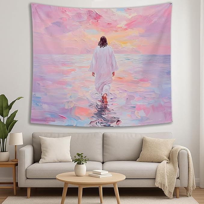bitCNY Jesus Sunset Walk Tapestry – Pink Pastel Christian Wall Hanging, Peaceful Inspirational Decor for Bedroom or Prayer Room, 50x60 Inch