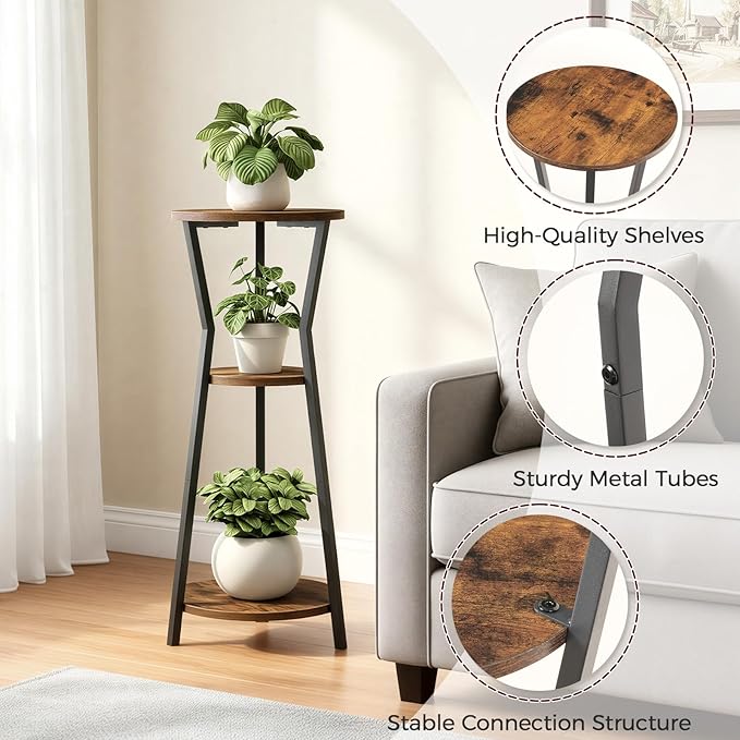 Plant Stand Indoor, 3 Tier Round Corner Plant Stand Indoor, Round Plant Holder Rack, 35" Tall Plant Shelf for Living Room, Balcony, Patio, Rustic Brown and Black PSHR0401
