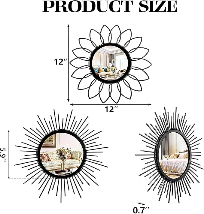 Set of 3 Black Metal Sunburst Wall Mirrors - 12" Round Decorative Art for Living Room Bedroom Bathroom Entryway, No Assembly Required, Rust Resistant Design