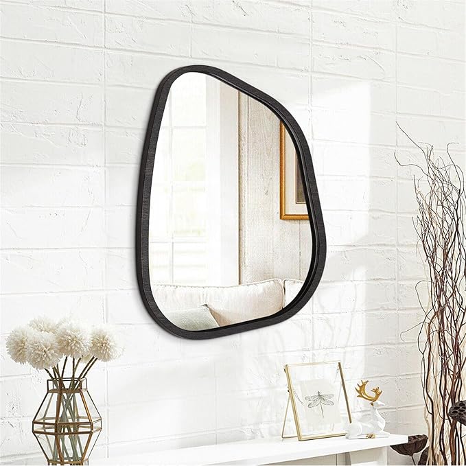 Asymmetrical Mirror Large 20"x16" Irregular Oval Wall Mirror Modern Wood Frame Unique Shape Wall Mounted Vanity Artistic Mirror Decorative for Living Room Bedroom Bathroom Entryway Hallway