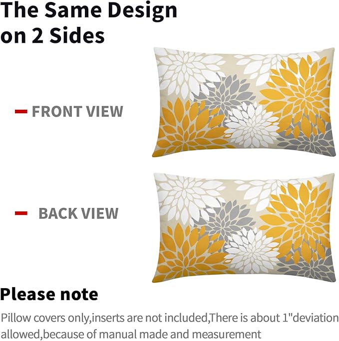 Yellow White Grey Gray Pillow Covers 12X20 Inch Set of 2, Modern Dahlia Floral Print Decorative Rectangle Throw Pillow Covers Outdoor Farmhouse Cushion Case for Home Couch Sofa Bed Decoration