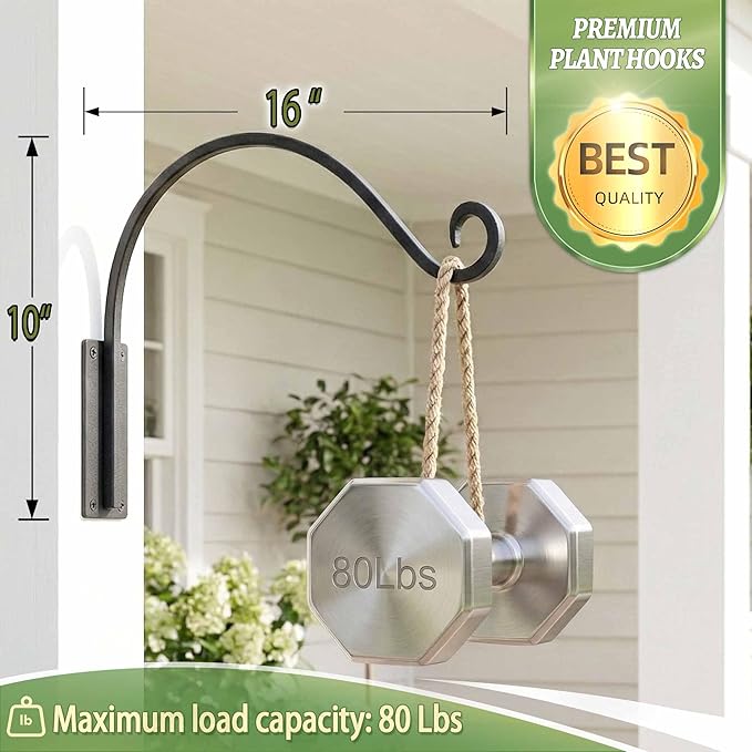 Heavy Duty Plant Hanger Bracket (16"/Black), 80lbs Weight Capacity - Outdoor Hand-Forged Hanging Plant Bracket Durable and Stable Bird Feeder Hanger
