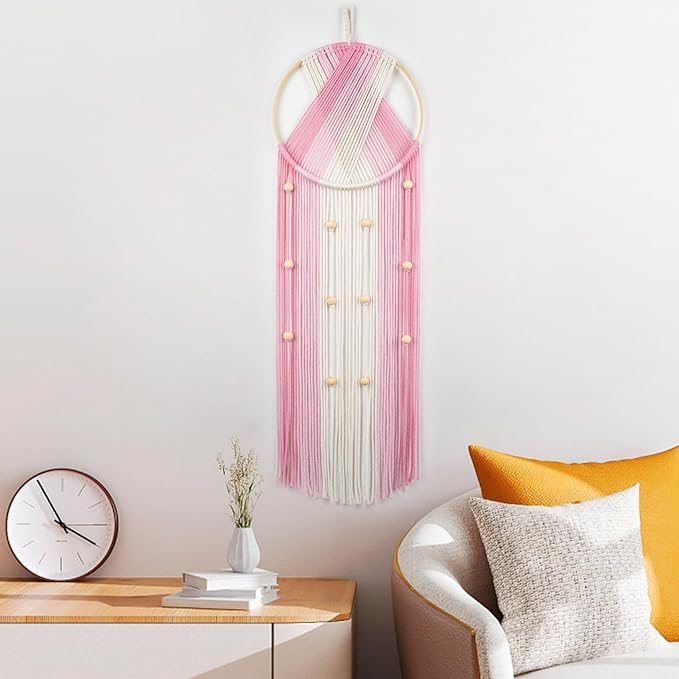 EOBTAIN Pink Macrame Wall Hanging Dream Catchers Pink and Beige Woven Tapestry Wall Art with Ombre Tassel, Boho Macrame Wall Decor for Bedroom Living Room Apartment Home,31.5L x9.84W Inch
